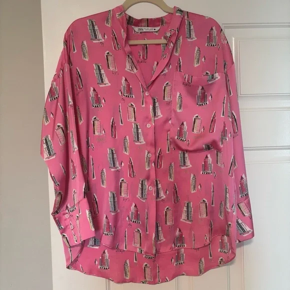 Zara silky pink city button down top size small - Picture 3 of 7